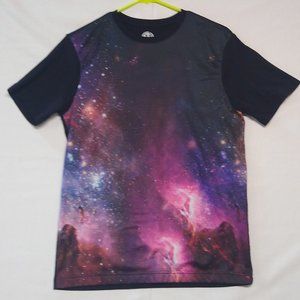 "Universal" Graphic Print on Perforated Contrast layered on T-Shirt, Small, 37"